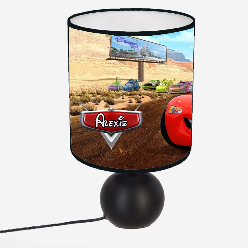 Lampe De Chevet Personnalisée CARS - Création Artisanale Serviettage, Prénom Enfant, Céramique Et Coton